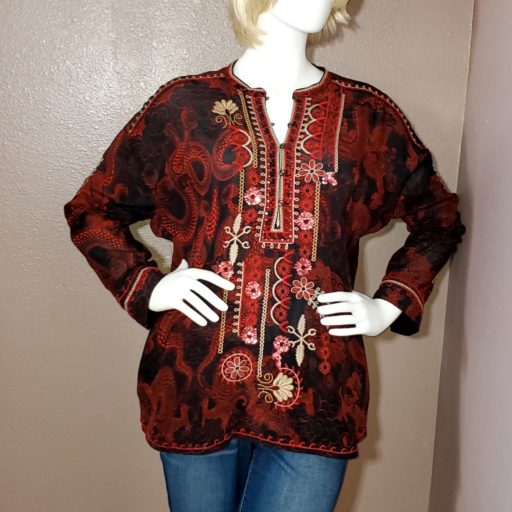 Nwt Johnny Was Belina Embroidered Silk Tunic Size L